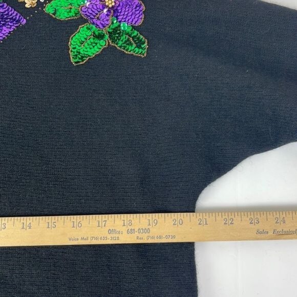 Vtg 80s Women's Medium In Charge Black Floral Sequin Sweater Lambswool Angora - Picture 9 of 11
